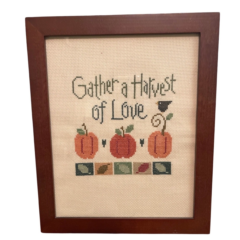 VTG Handmade Embroidered Fall Autumn Pumpkin‎ Gather A Harvest Of Love Artwork
